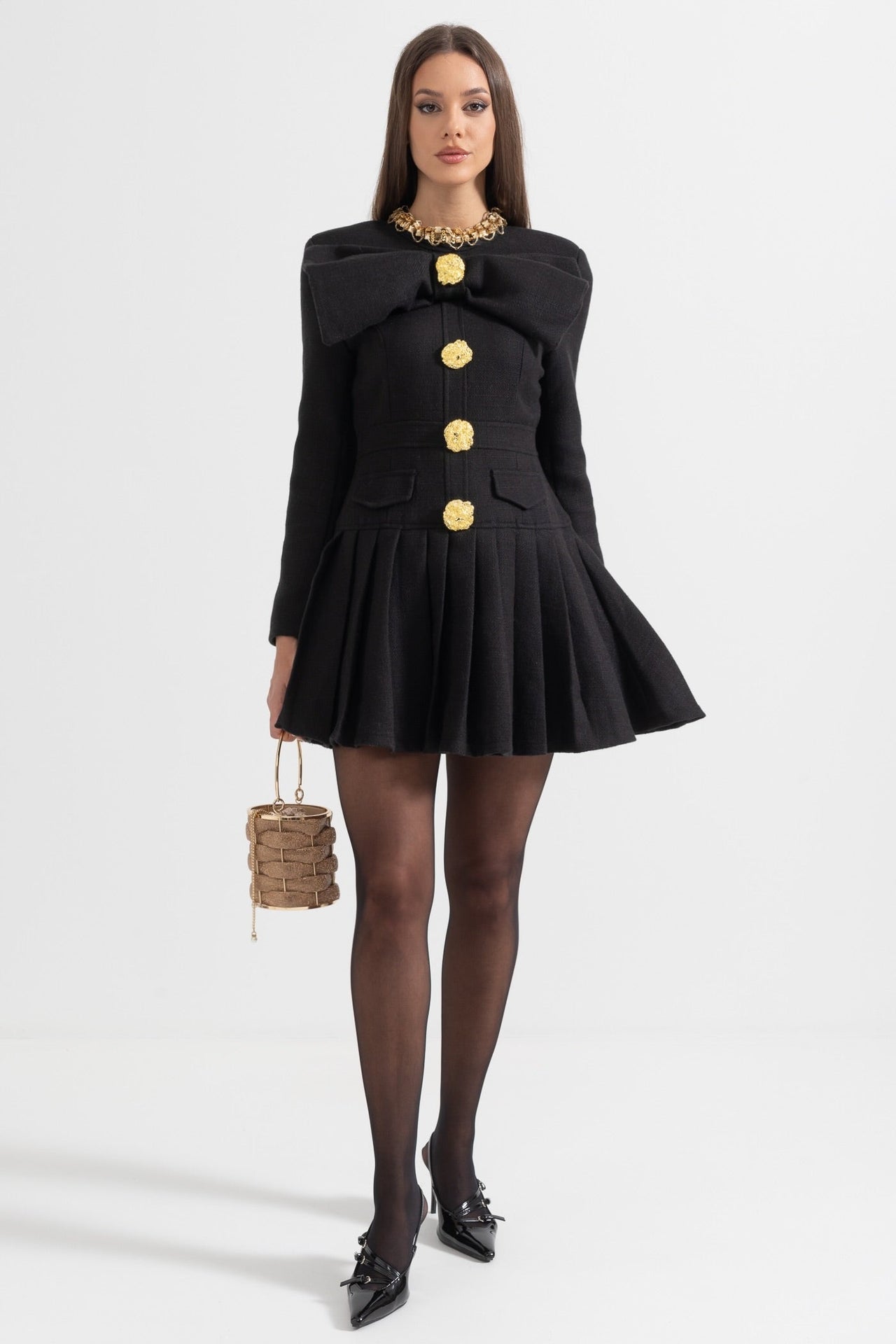 Buttoned Dress With Large Decorative Gold Buttons And Neckline Bow - Black