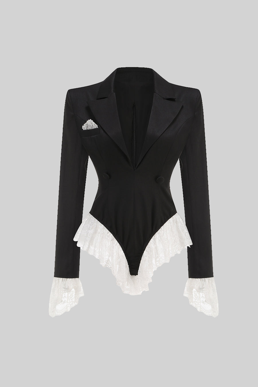 Elegant Blazer Bodysuit With White Lace Trim - Black