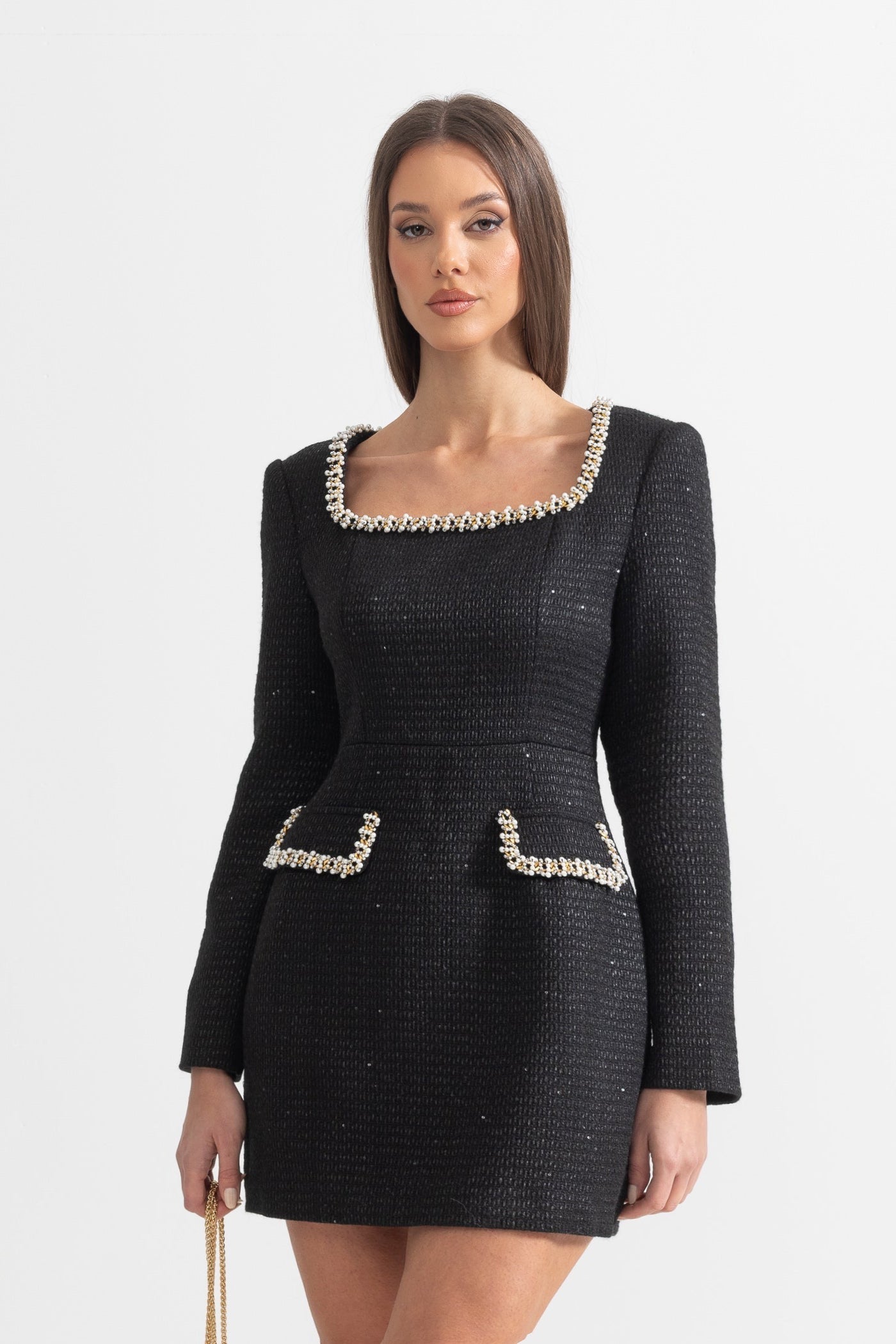 Mini Knit Dress With Square Neckline And Silver Detailing - Black