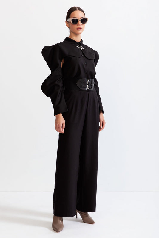 Palazzo Trousers with Belted Waist - Black