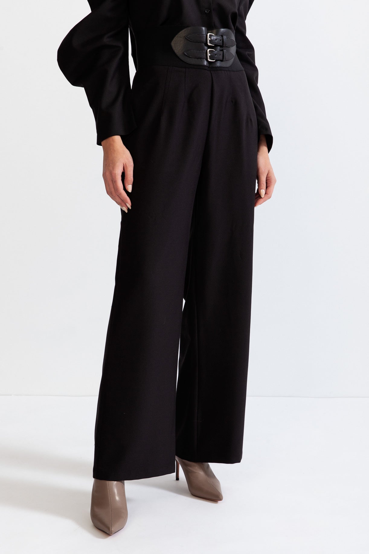 Palazzo Trousers with Belted Waist - Black