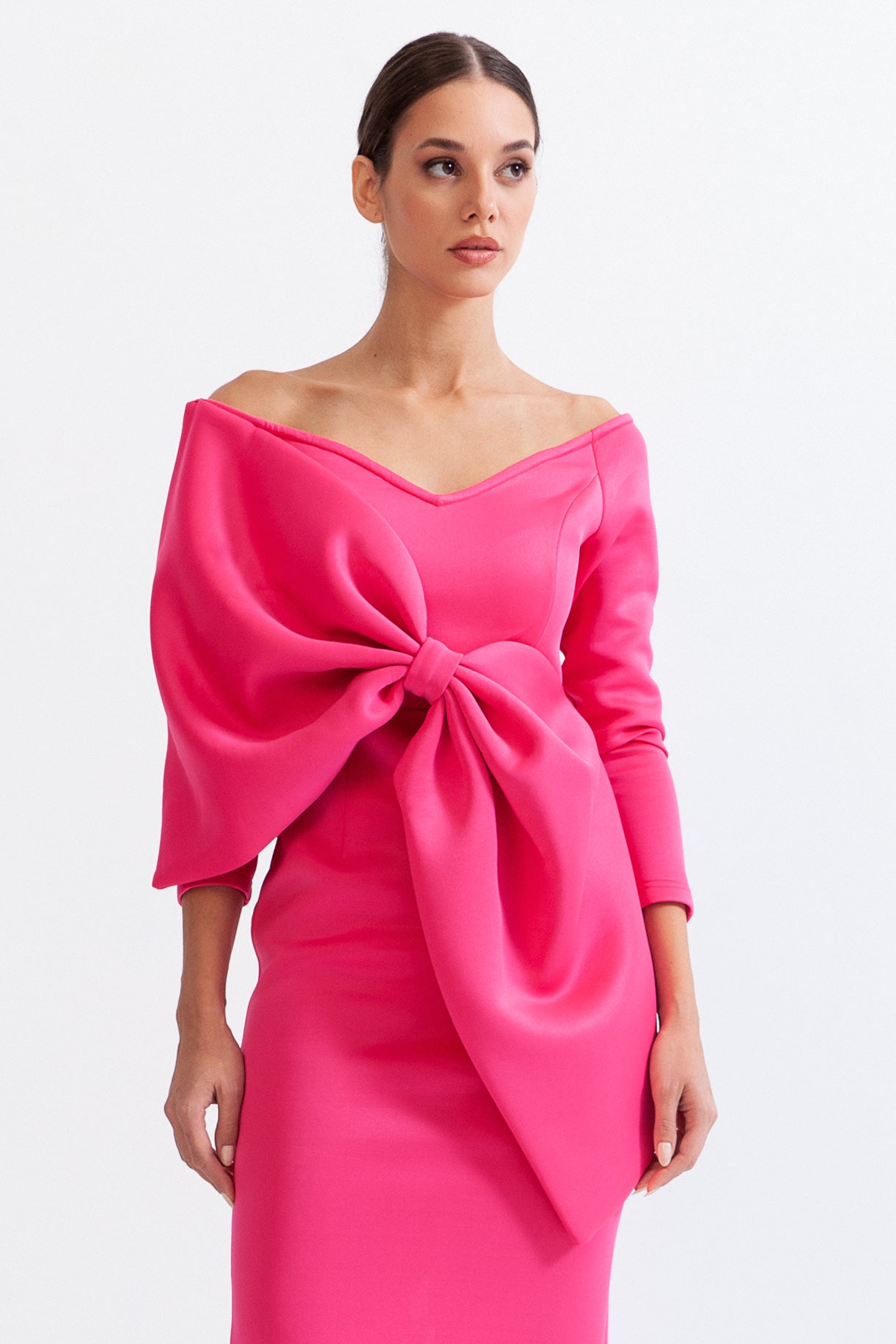 Long Sleeve Cut Out Ribbon Midi Dress - Fuchsia