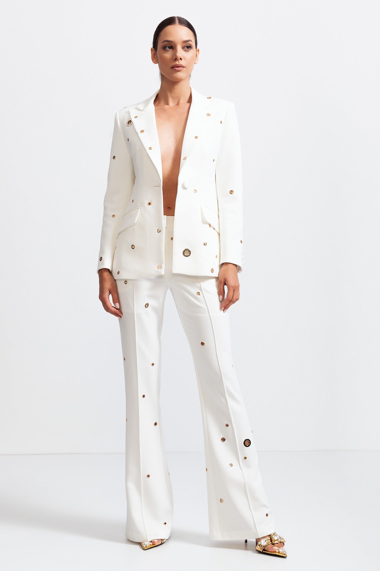 Two Piece Elegant Suit with Metal Details - White