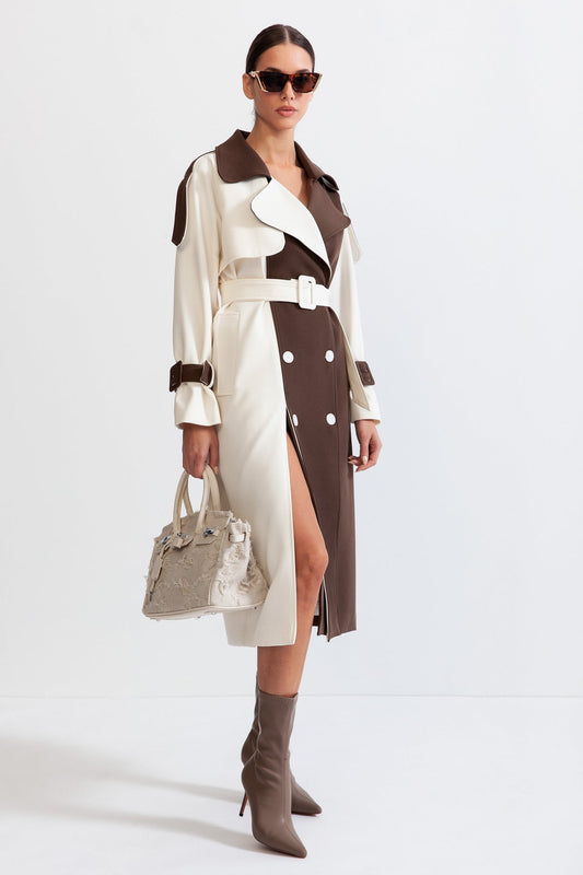 Bicolor Double Breasted Trench Coat - Cream&Brown