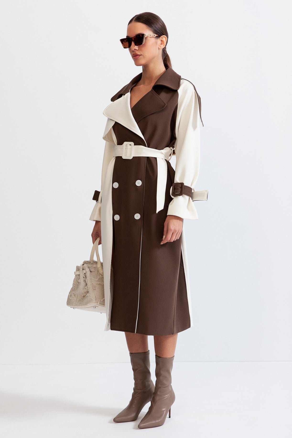 Bicolor Double Breasted Trench Coat - Cream&Brown