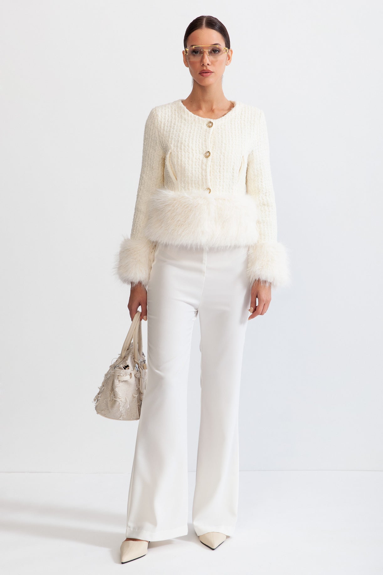 Faux Fur Coat with Wool Blend - White