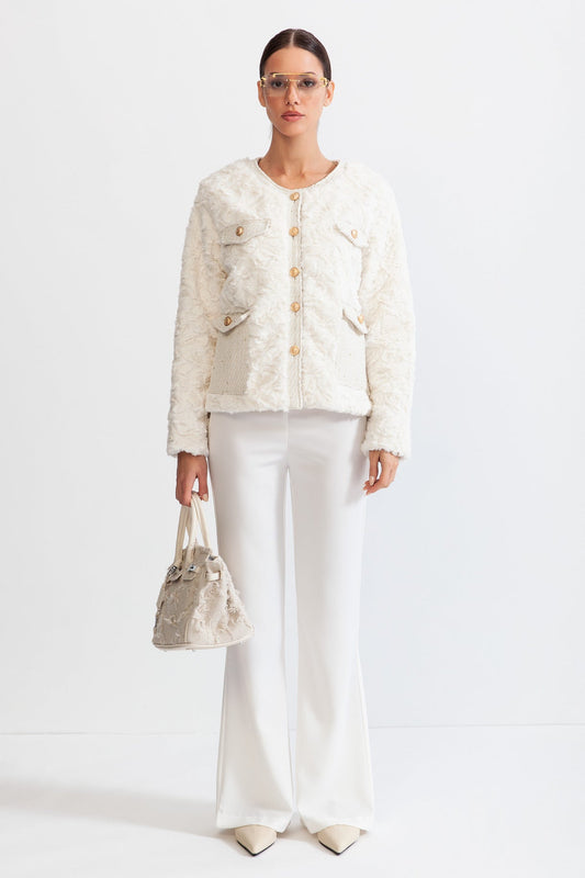 Fluffy Jacket with Gold Buttons - White