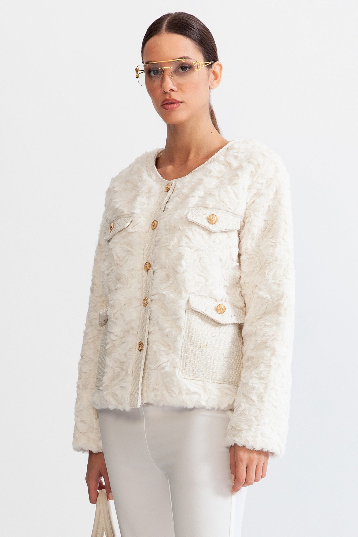 Fluffy Jacket with Gold Buttons - White