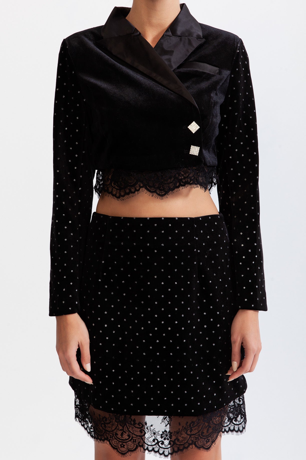 Velvet co-ord with lace - Black