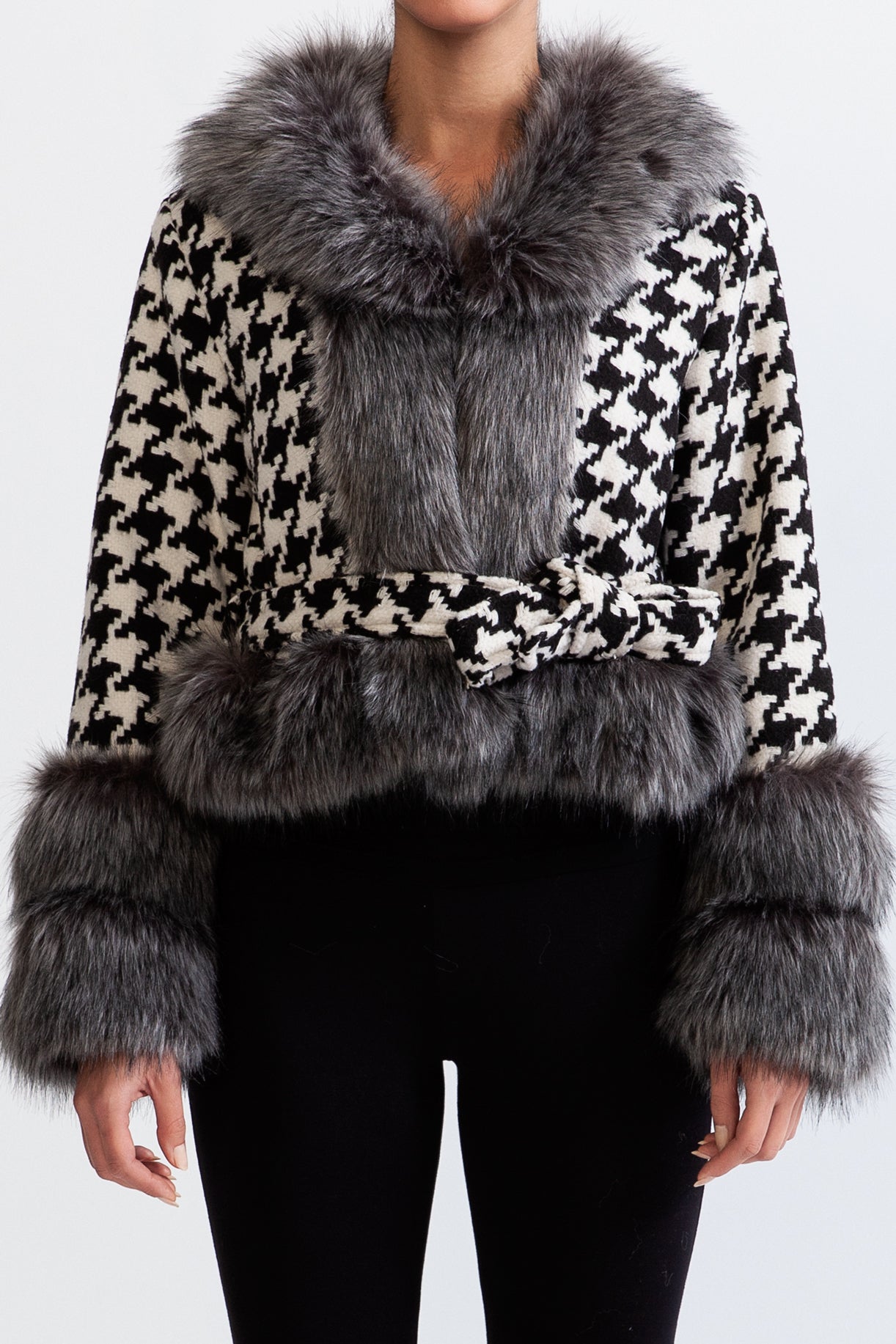 Houndstooth Wool Belted frakke med til