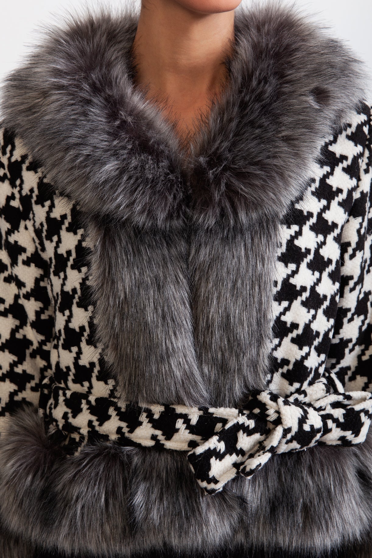 Houndstooth Wool Belted Coat with Fur