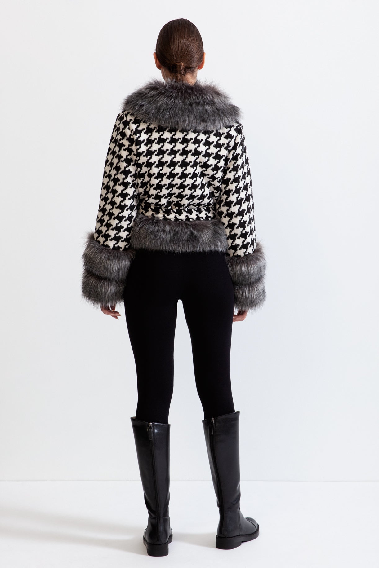 Houndstooth Wool Belted frakke med til