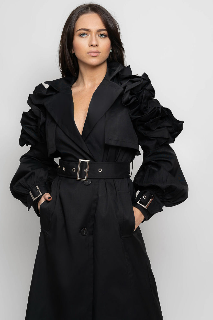 Ruffled Trench Coat - Black