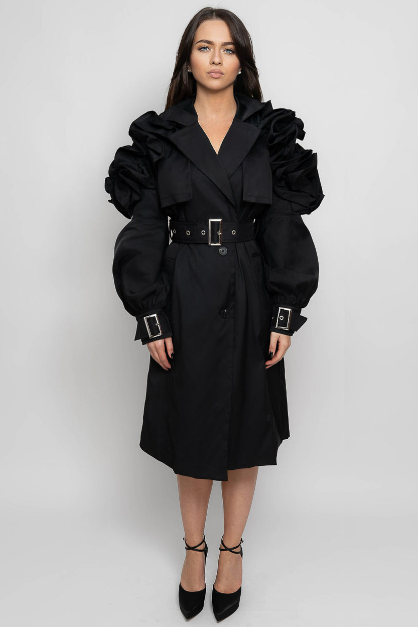 Ruffled Trench Coat - Black