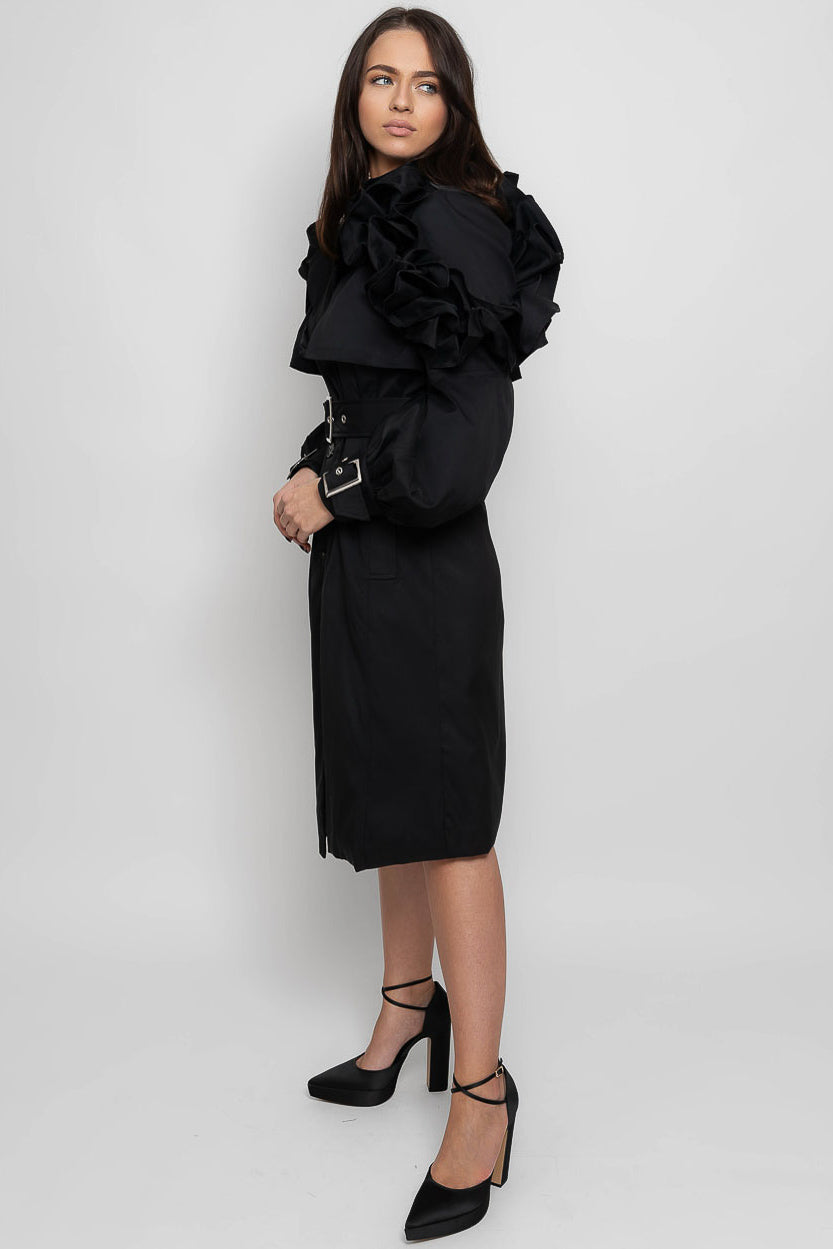 Ruffled Trench Coat - Black