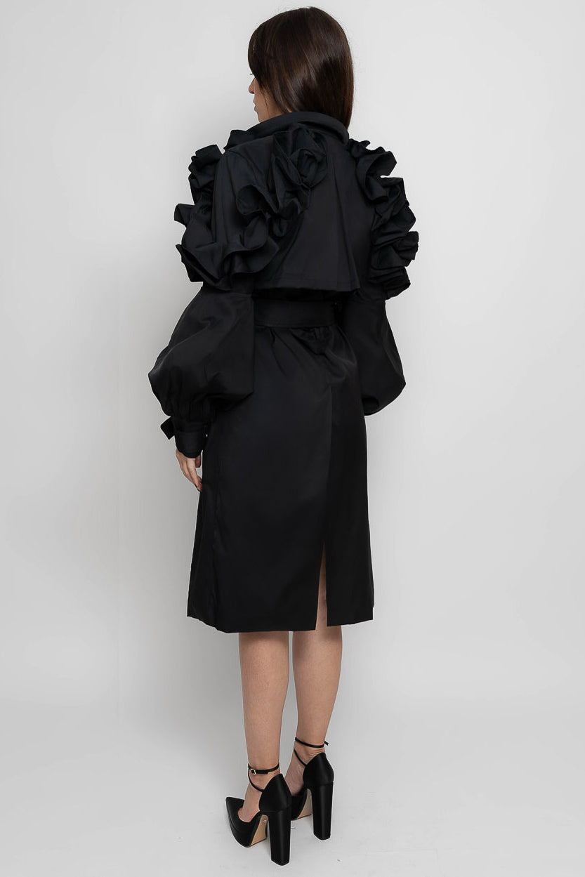 Ruffled Trench Coat - Black