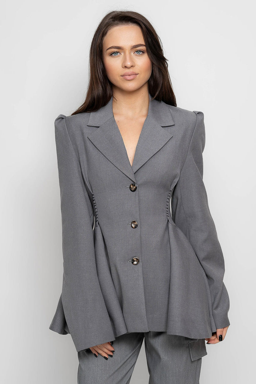 Ruffle Blazer with Back Cutout - Grey