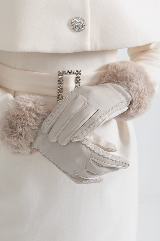 Vegan Leather Gloves With Fur Cuffs - Beige