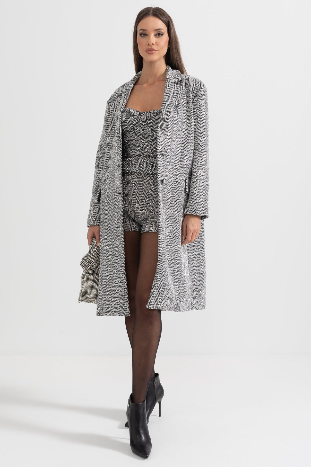 Herringbone Belted Coat  - Silver