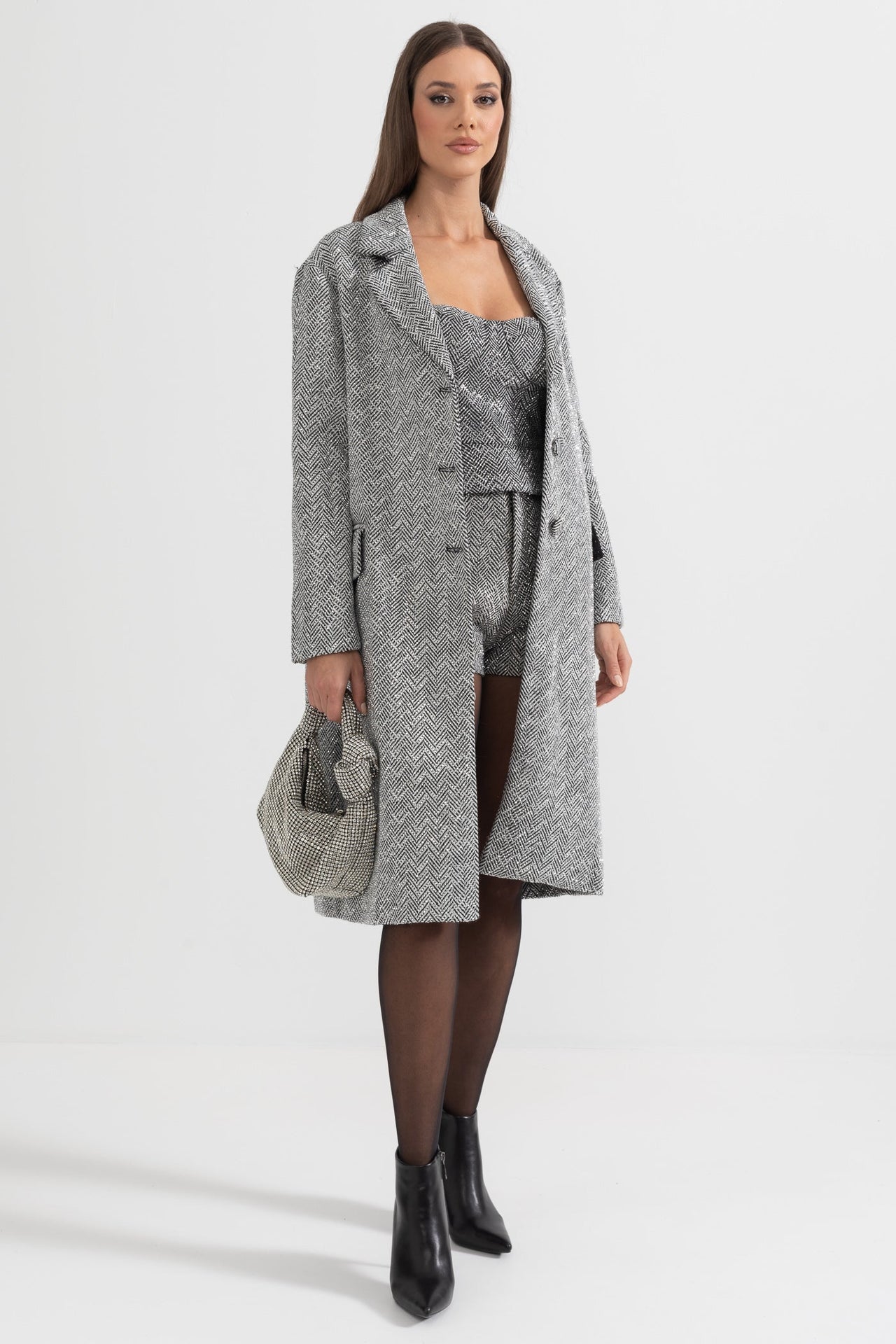 Herringbone Belted Coat  - Silver