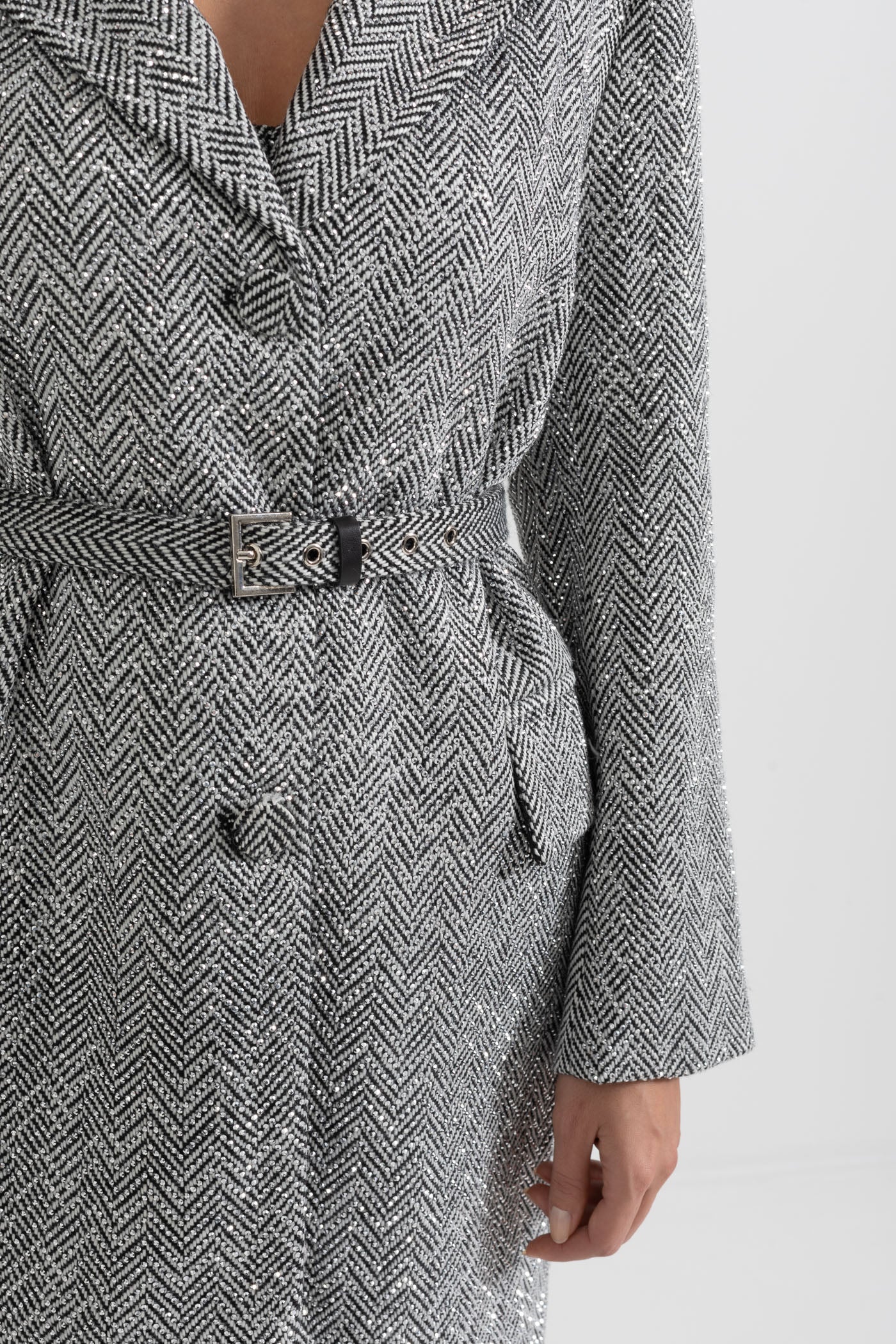 Herringbone Belted Coat  - Silver