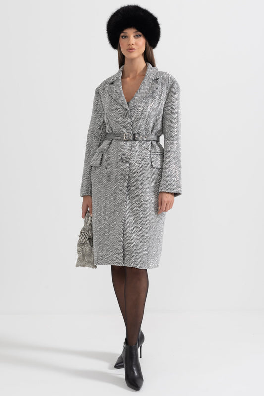 Herringbone Belted Coat  - Silver