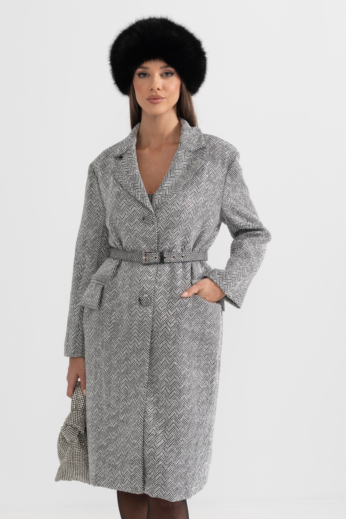 Herringbone Belted Coat  - Silver