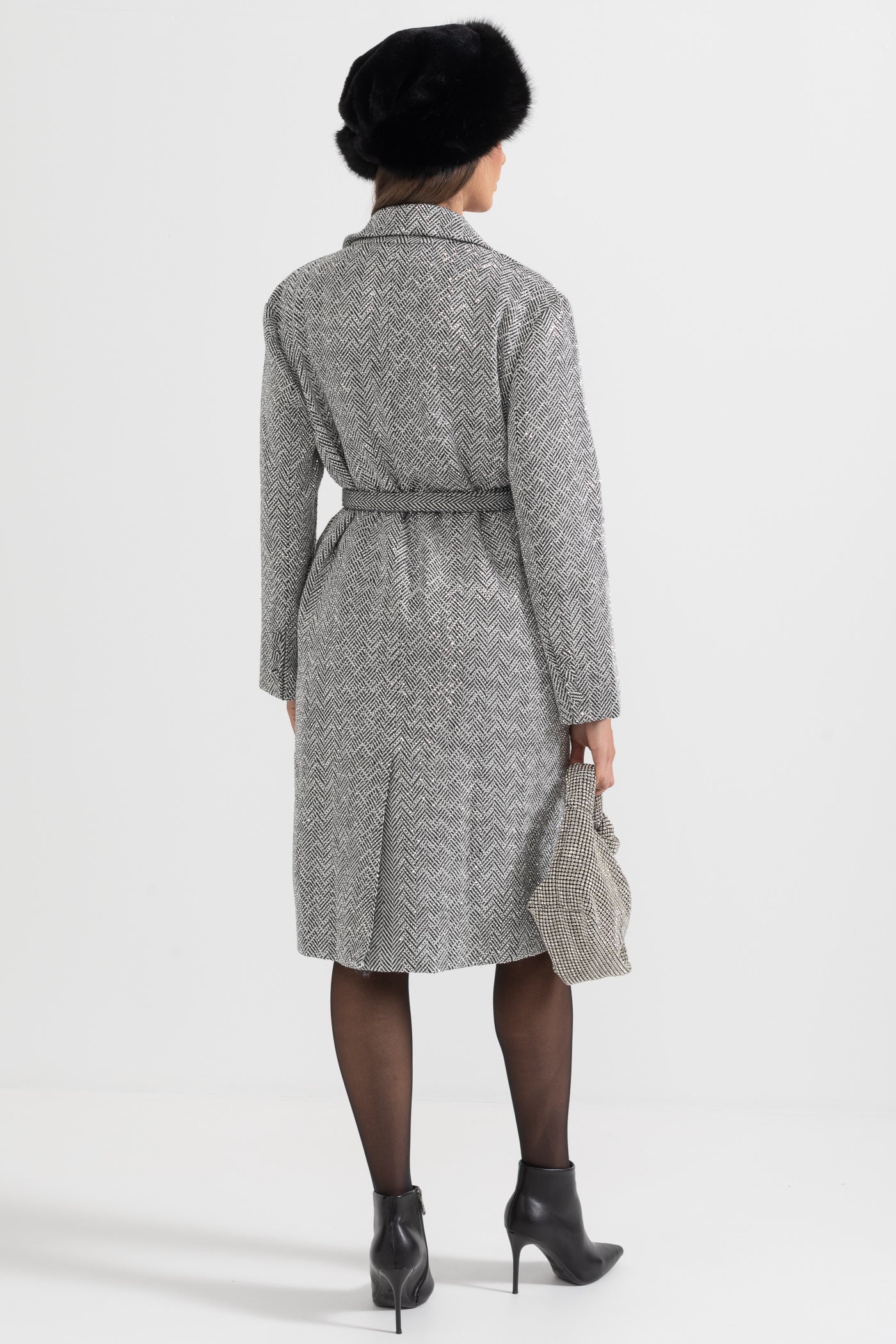 Herringbone Belted Coat  - Silver