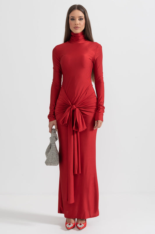 Draped Long High Neck Dress - Red