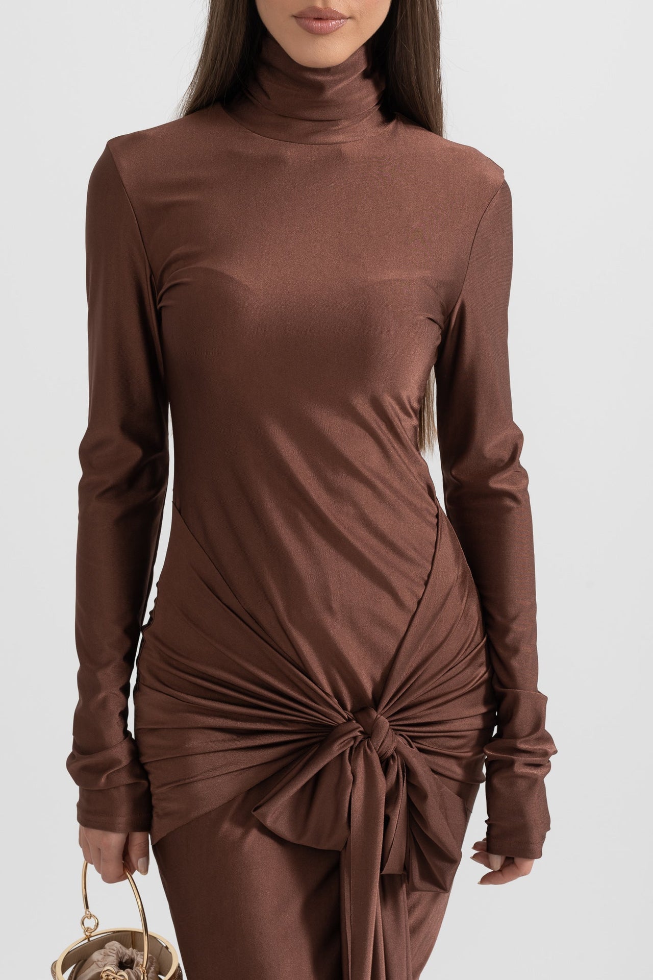 Draped Long High Neck Dress - Brown