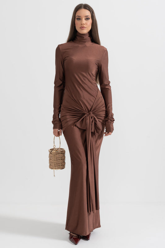 Draped Long High Neck Dress - Brown