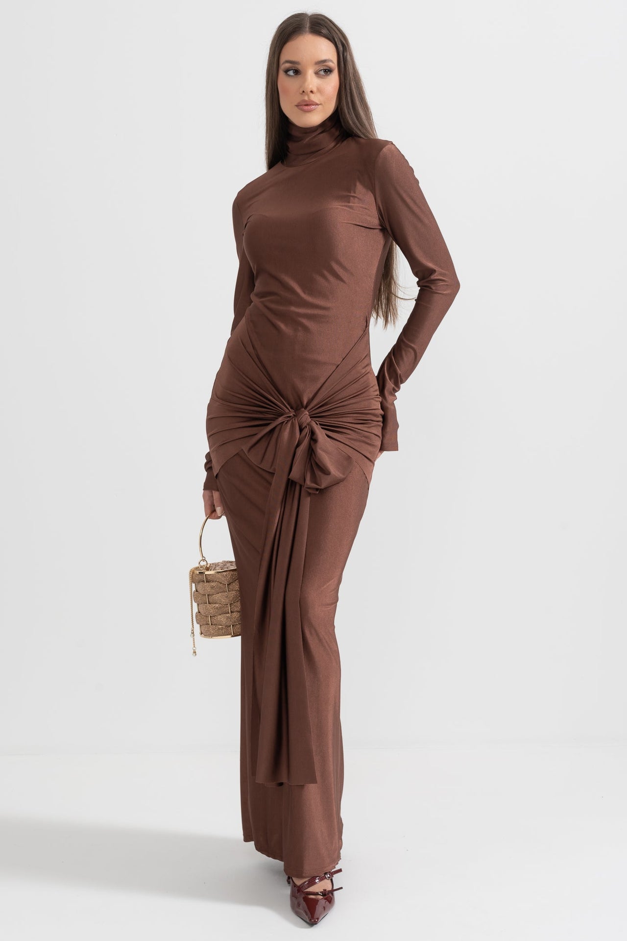 Draped Long High Neck Dress - Brown