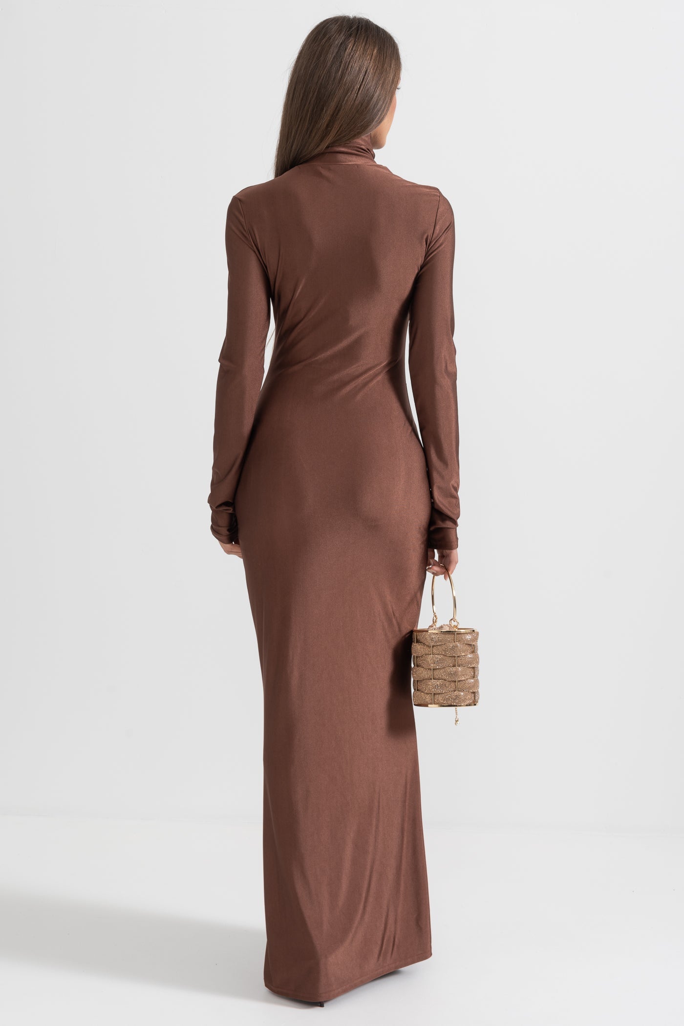 Draped Long High Neck Dress - Brown