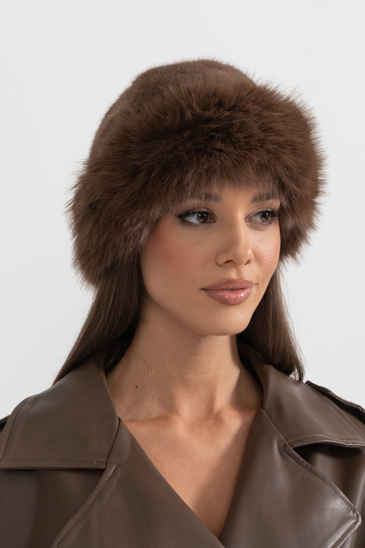 Faux Fur Hat With Wide Brim - Brown