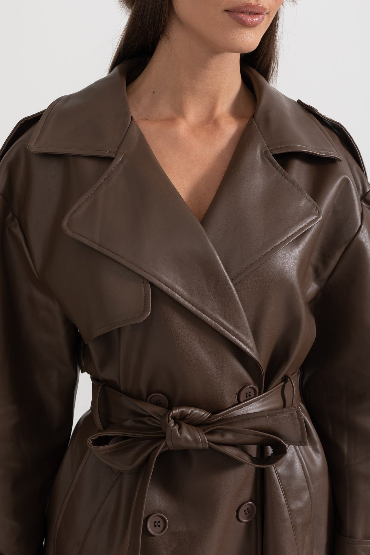 Vegan Leather Trench Coat - Brown