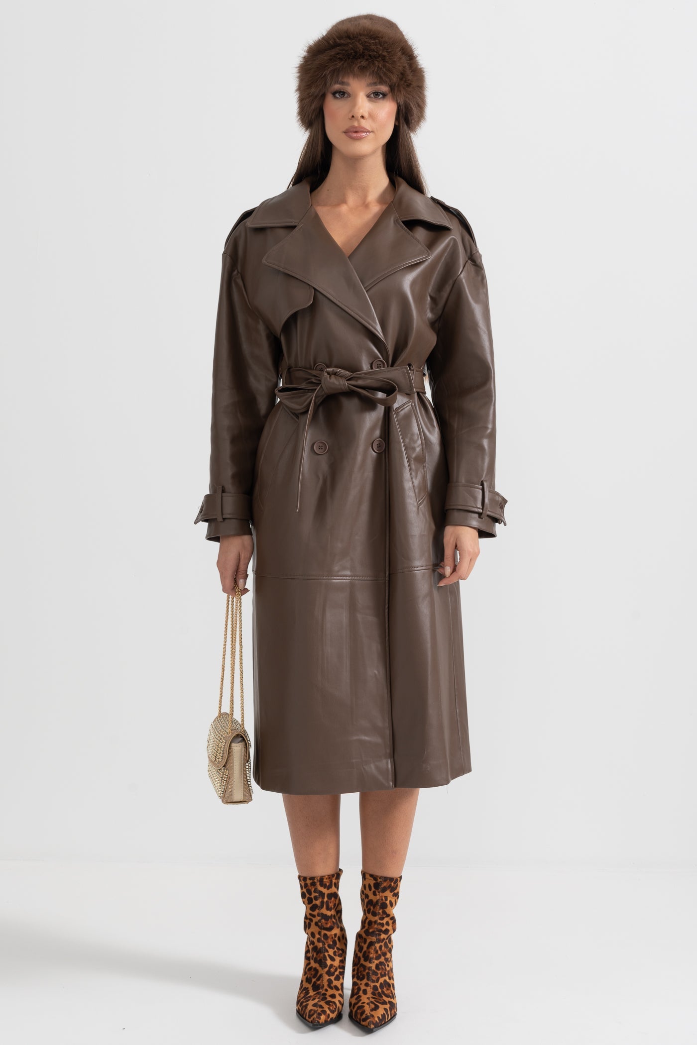 Vegan Leather Trench Coat - Brown