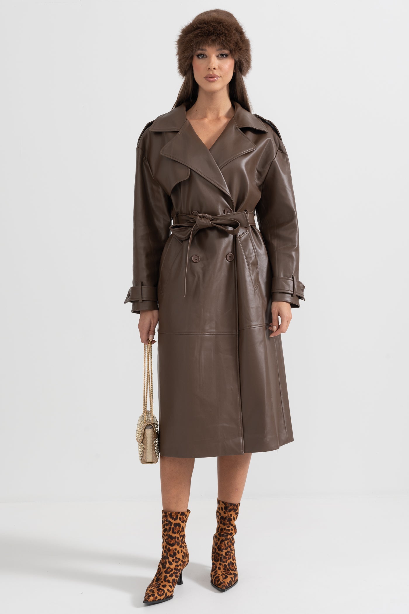 Vegan Leather Trench Coat - Brown