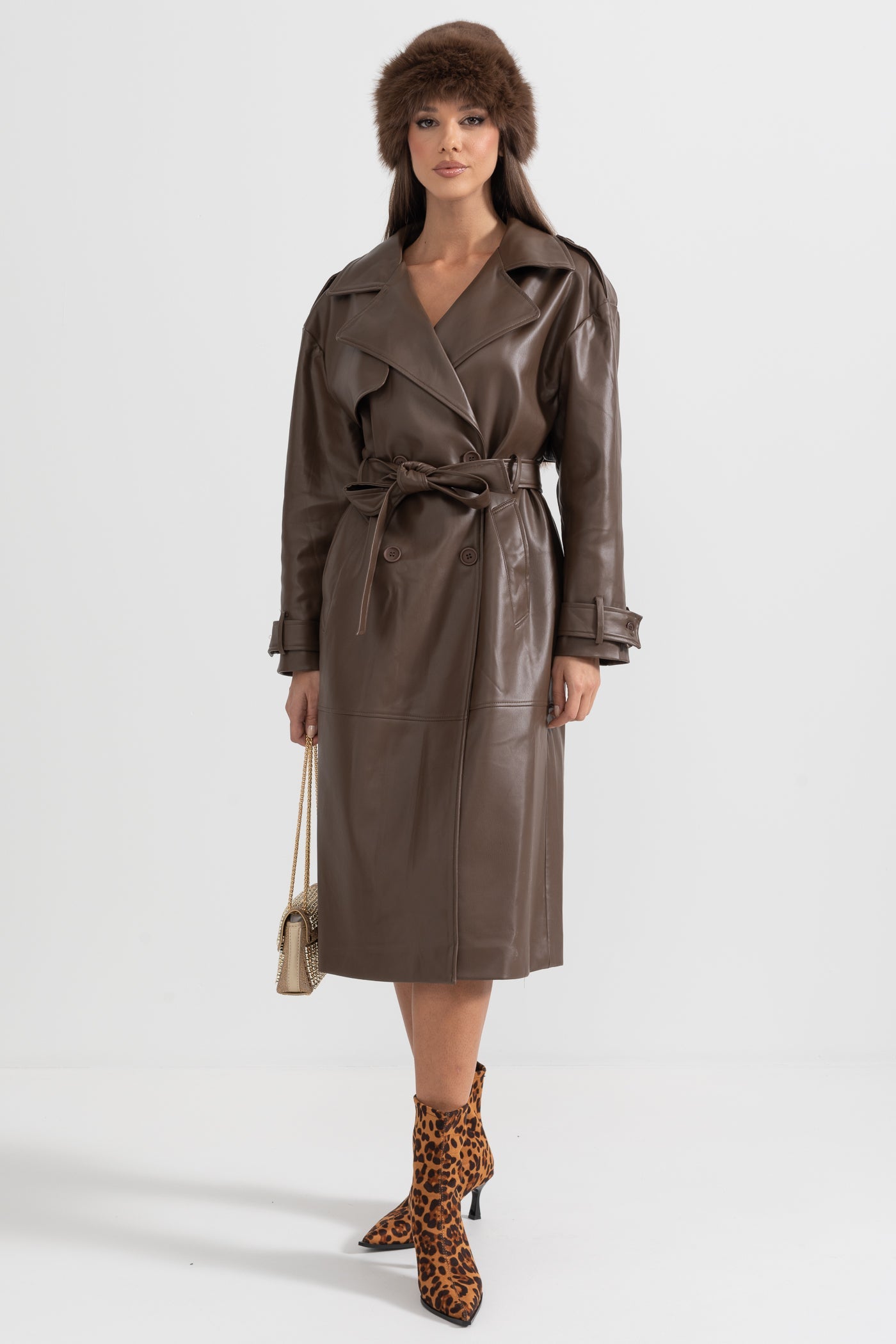 Vegan Leather Trench Coat - Brown