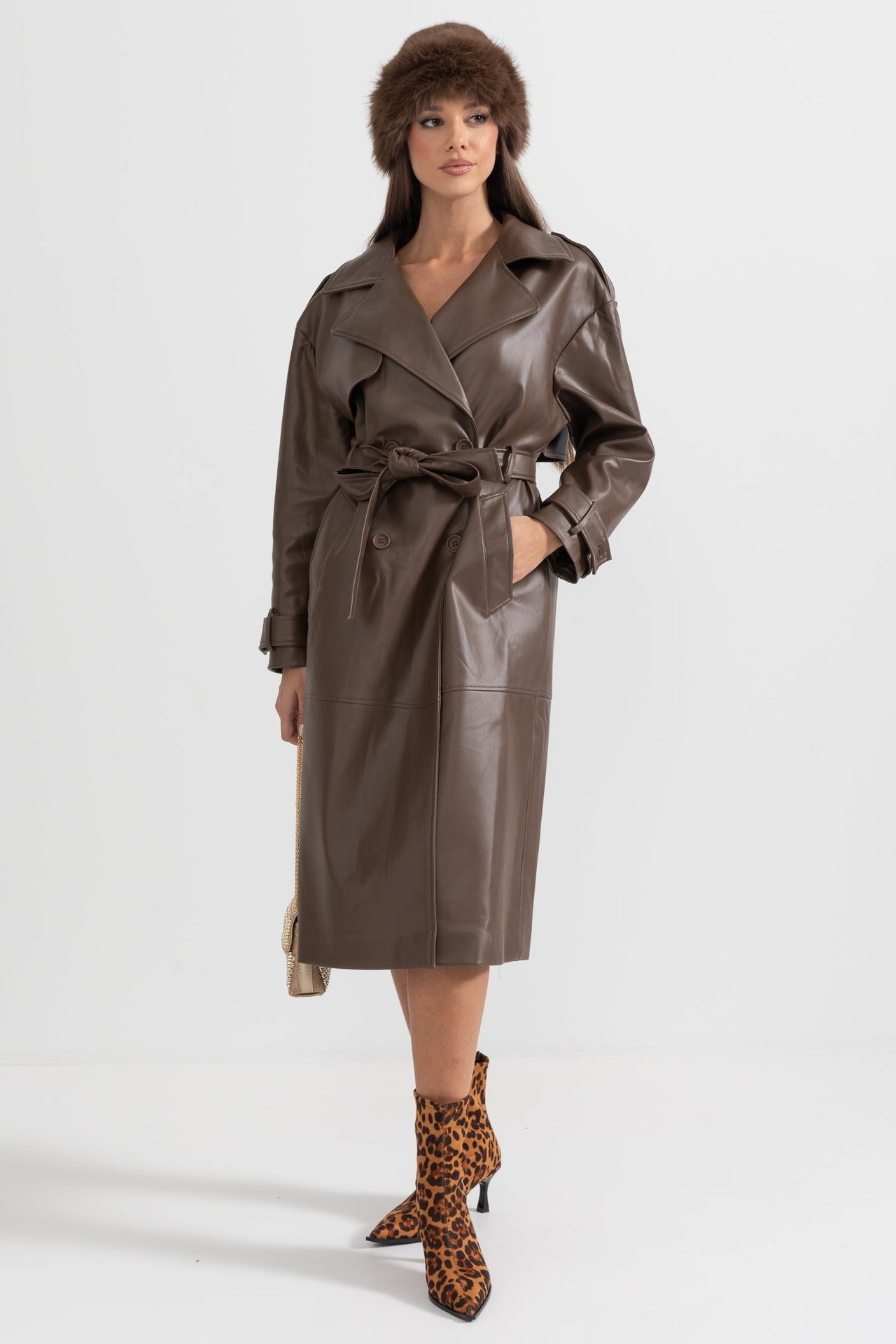 Vegan Leather Trench Coat - Brown