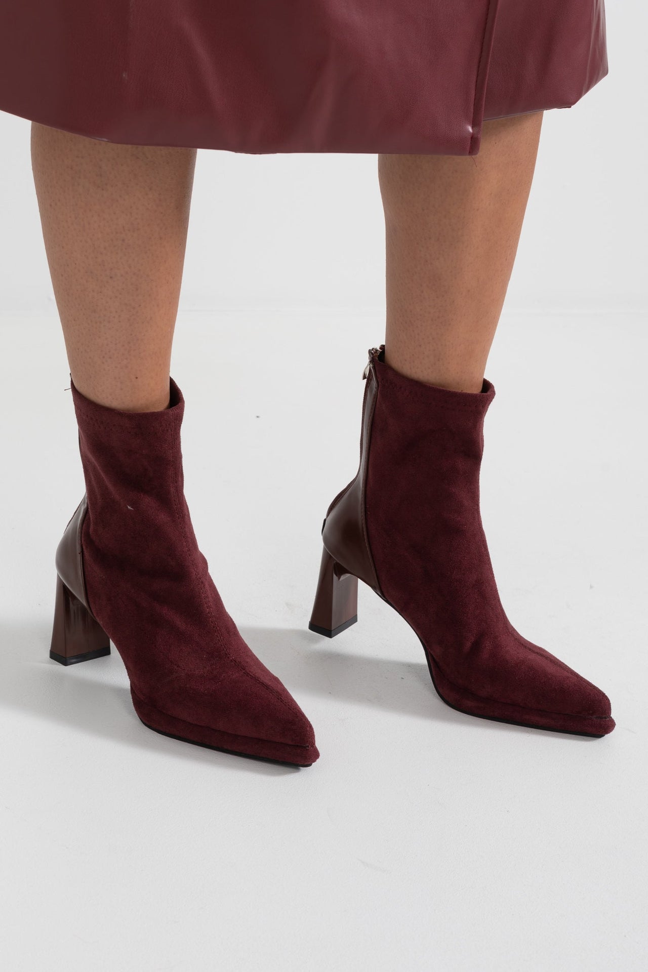 Glossy Heel Suede Ankle Boot - Burgundy