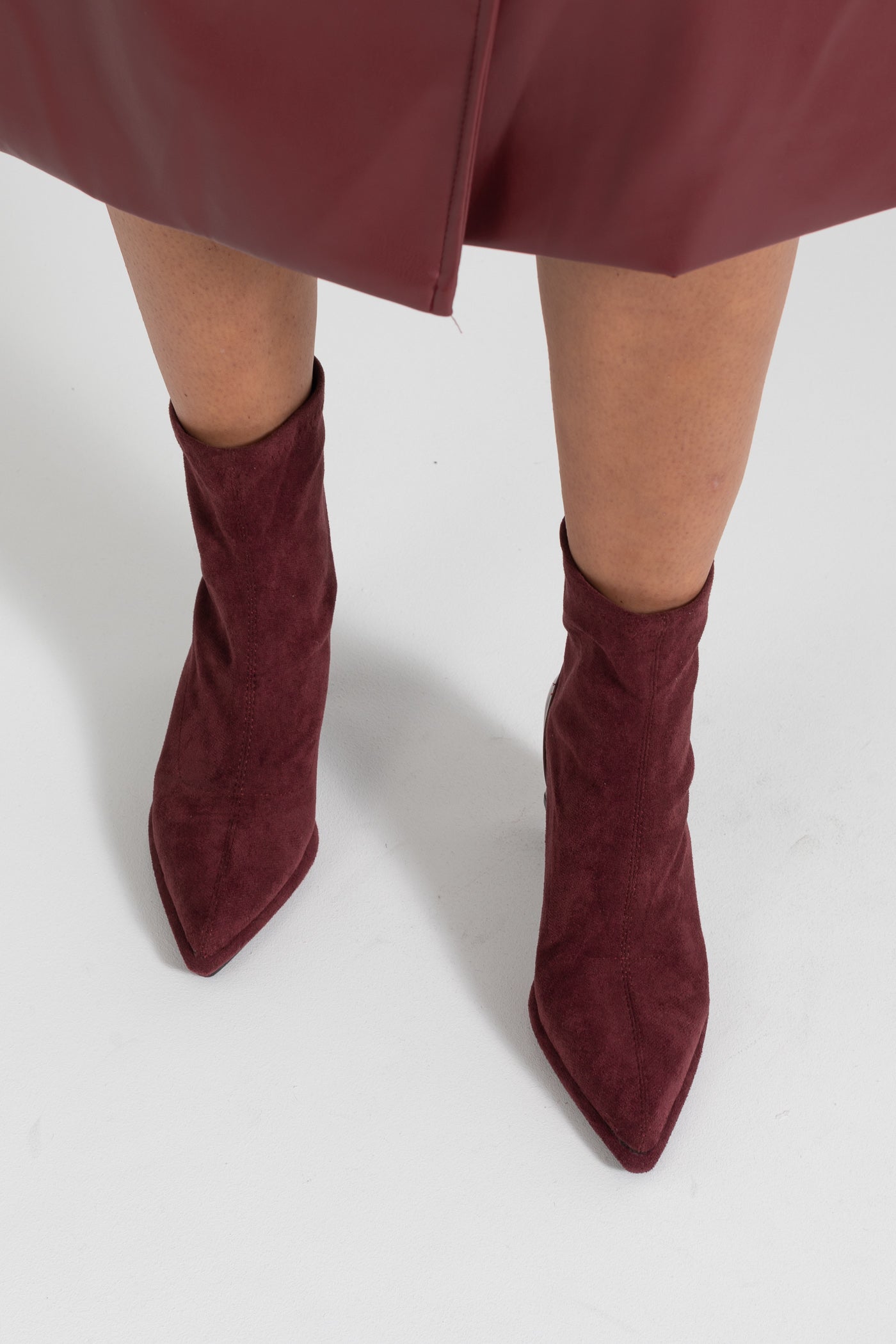 Glossy Heel Suede Ankle Boot - Burgundy