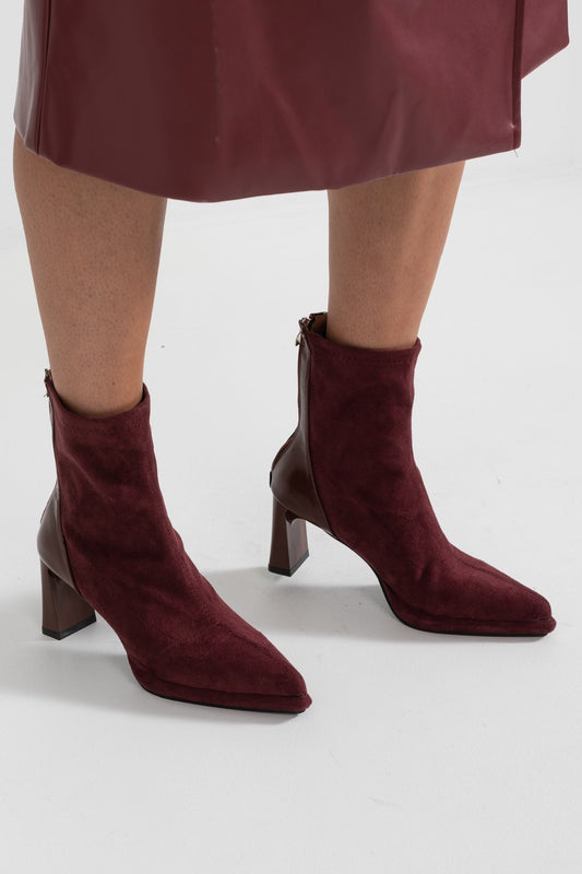 Glossy Heel Suede Ankle Boot - Burgundy