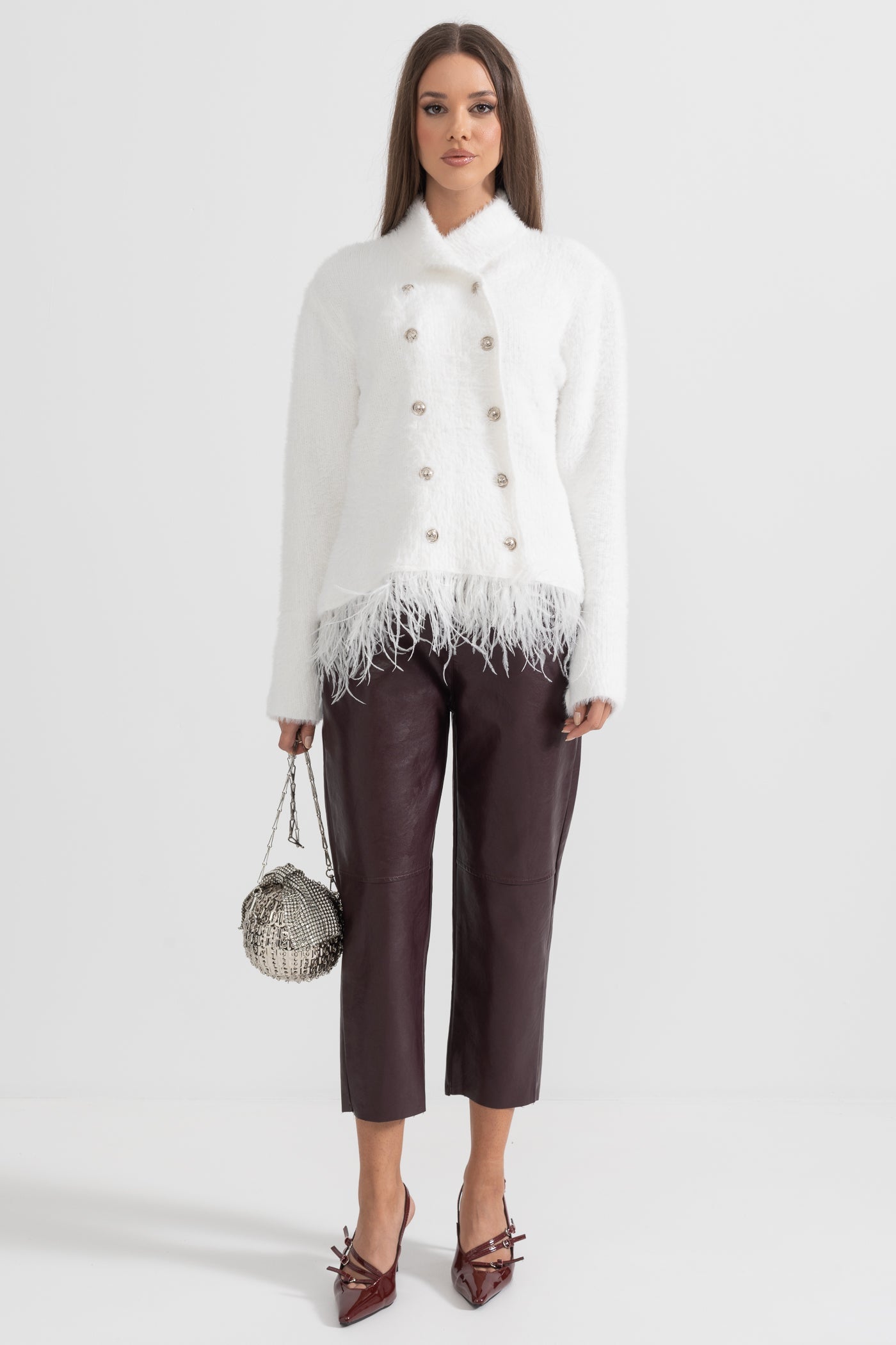 Double Breasted Textured Jacket With Fringed Hem - White