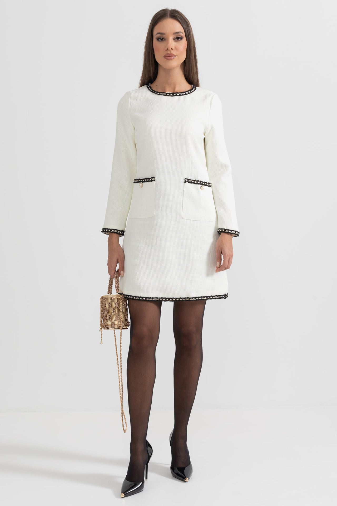 Textured Dress With Black Stitching Details - White