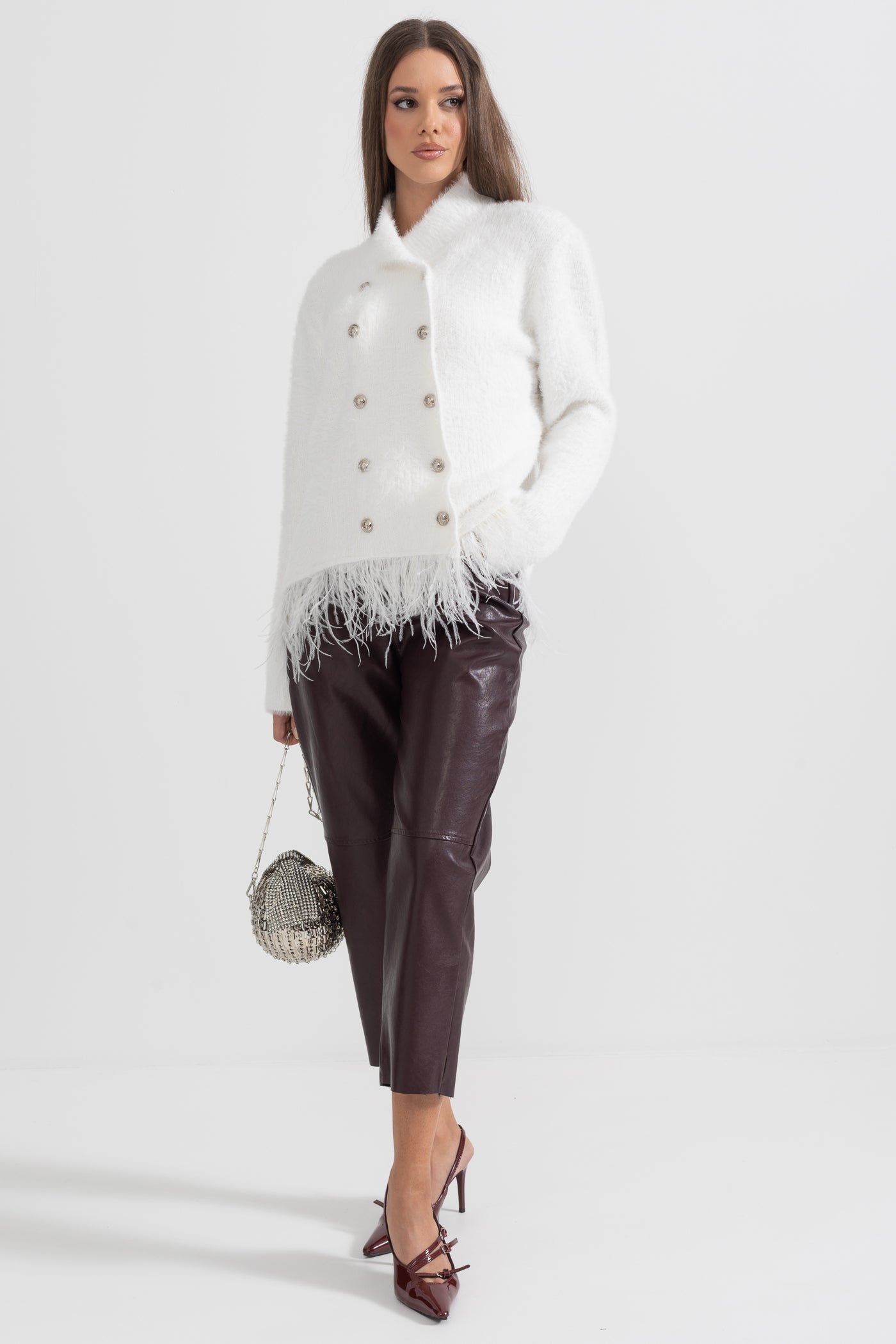 Double Breasted Textured Jacket With Fringed Hem - White