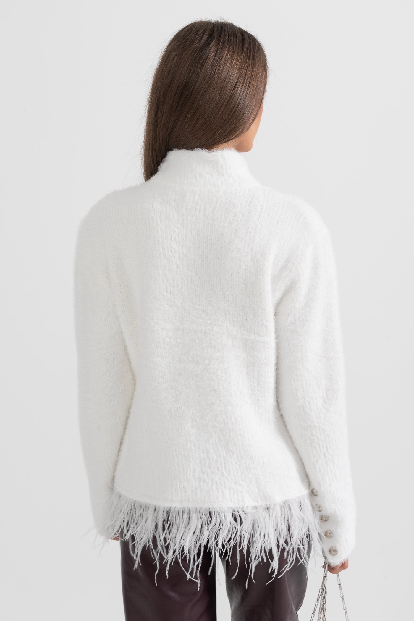 Double Breasted Textured Jacket With Fringed Hem - White