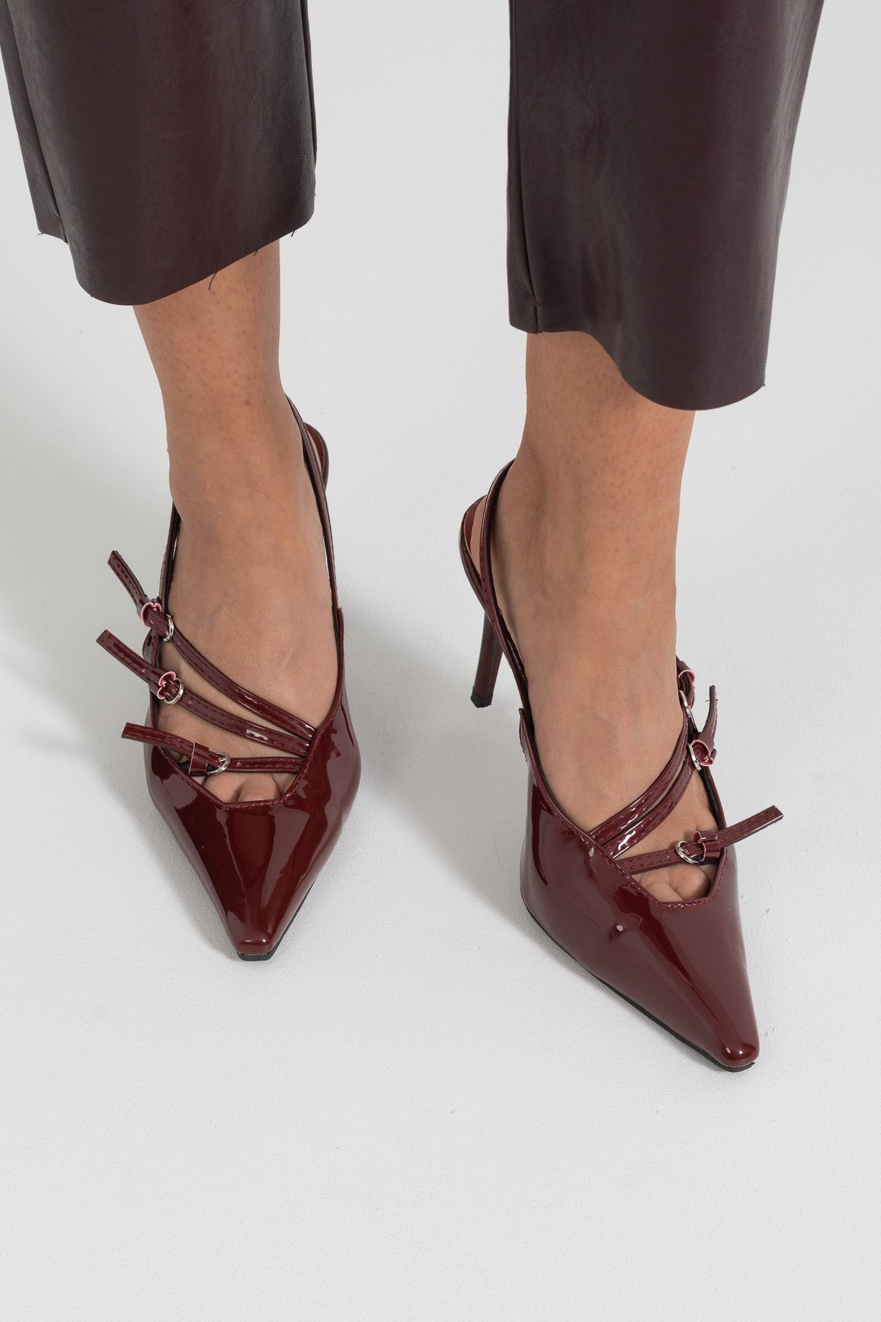 Glossy Slingback Heels - Burgundy