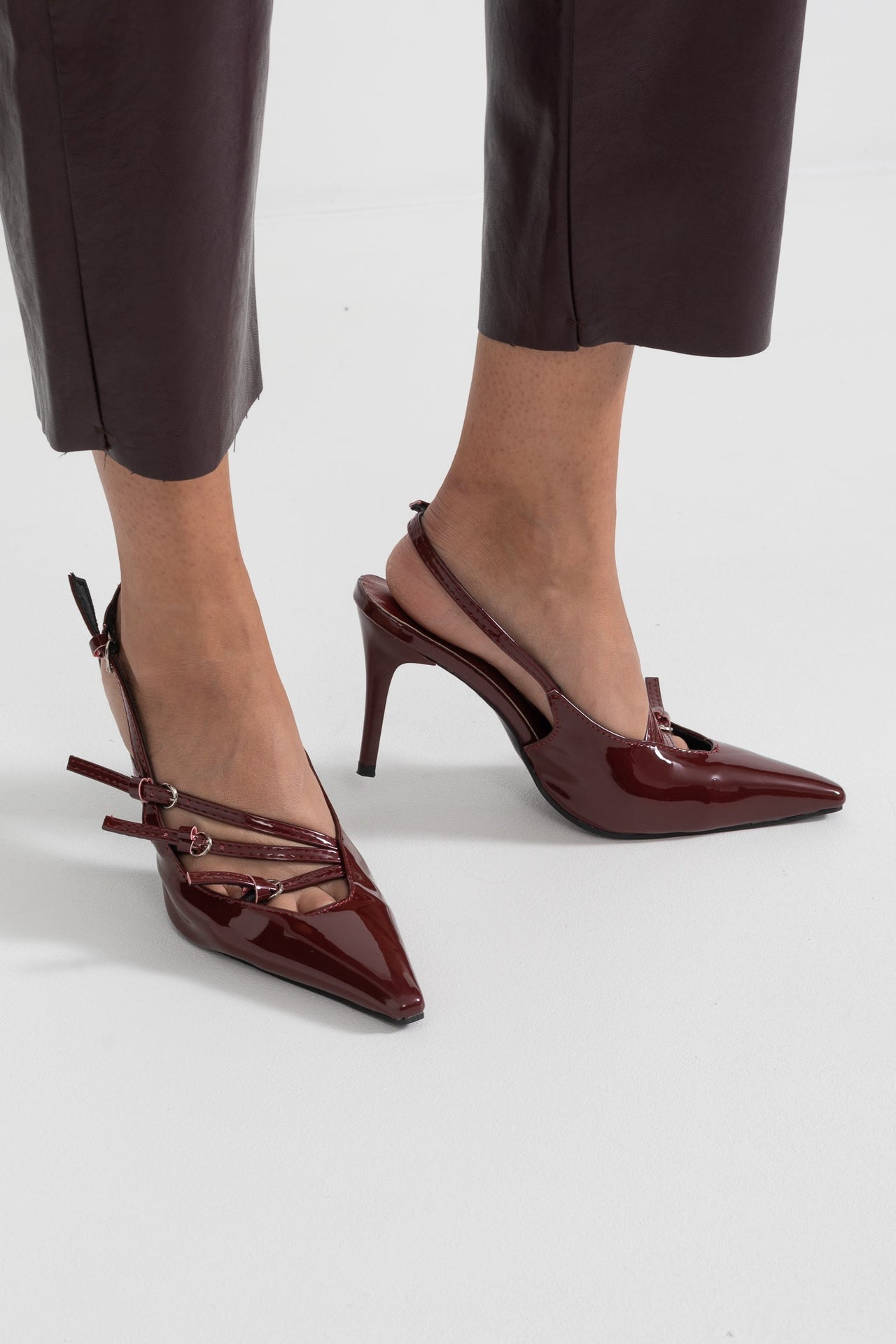 Glossy Slingback Heels - Burgundy