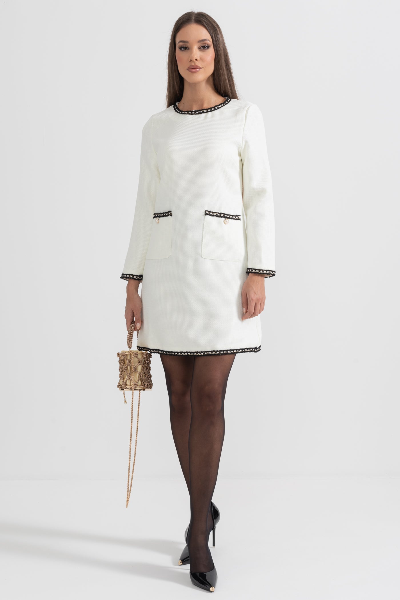 Textured Dress With Black Stitching Details - White