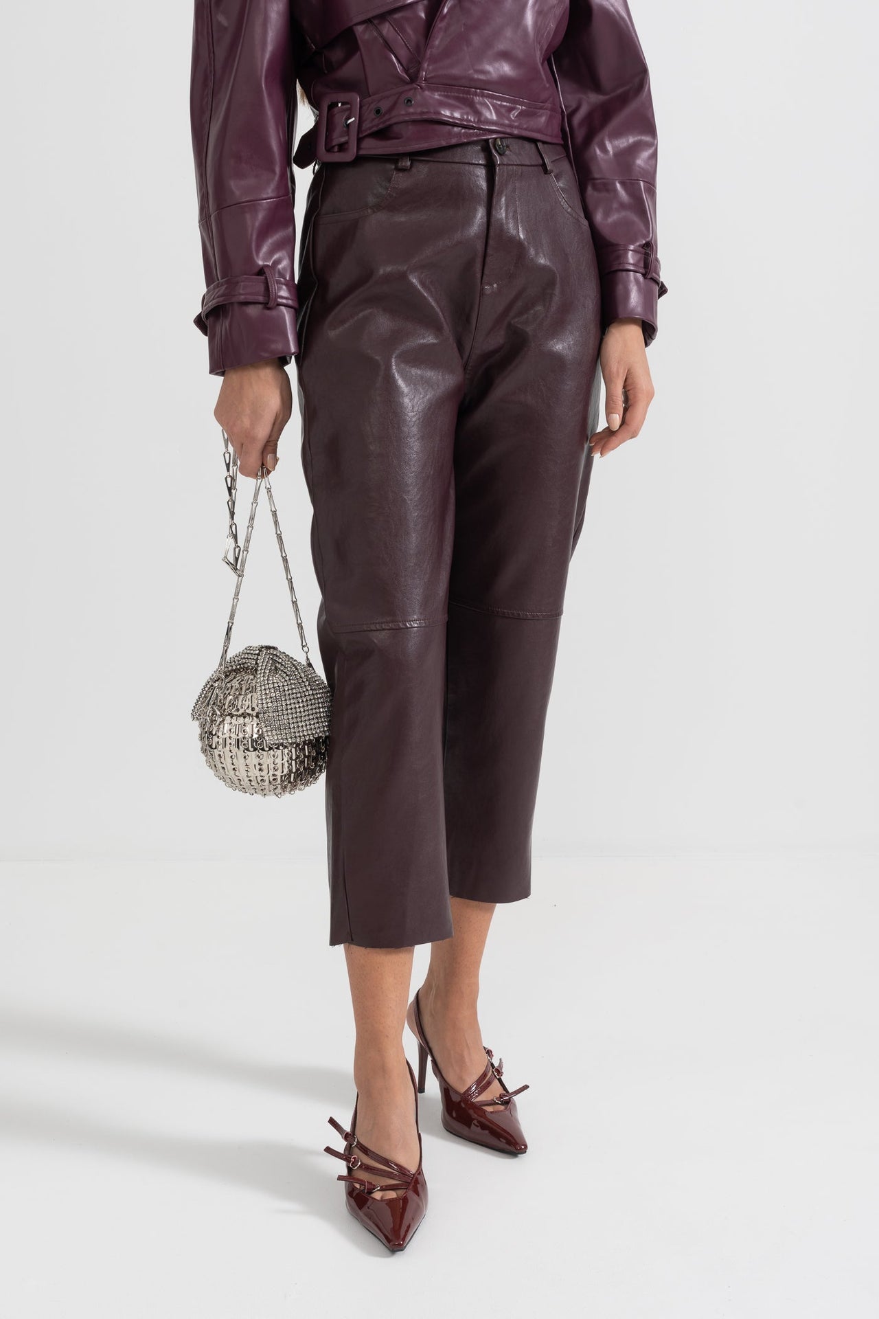 Cropped Vegan Leather Trousers - Burgundy